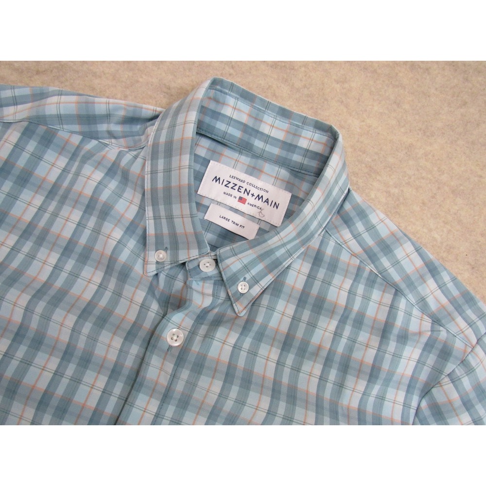Mizzen+Main Leeward Short Sleeve Plaid Shirt Blue Orange Large Trim Fit
